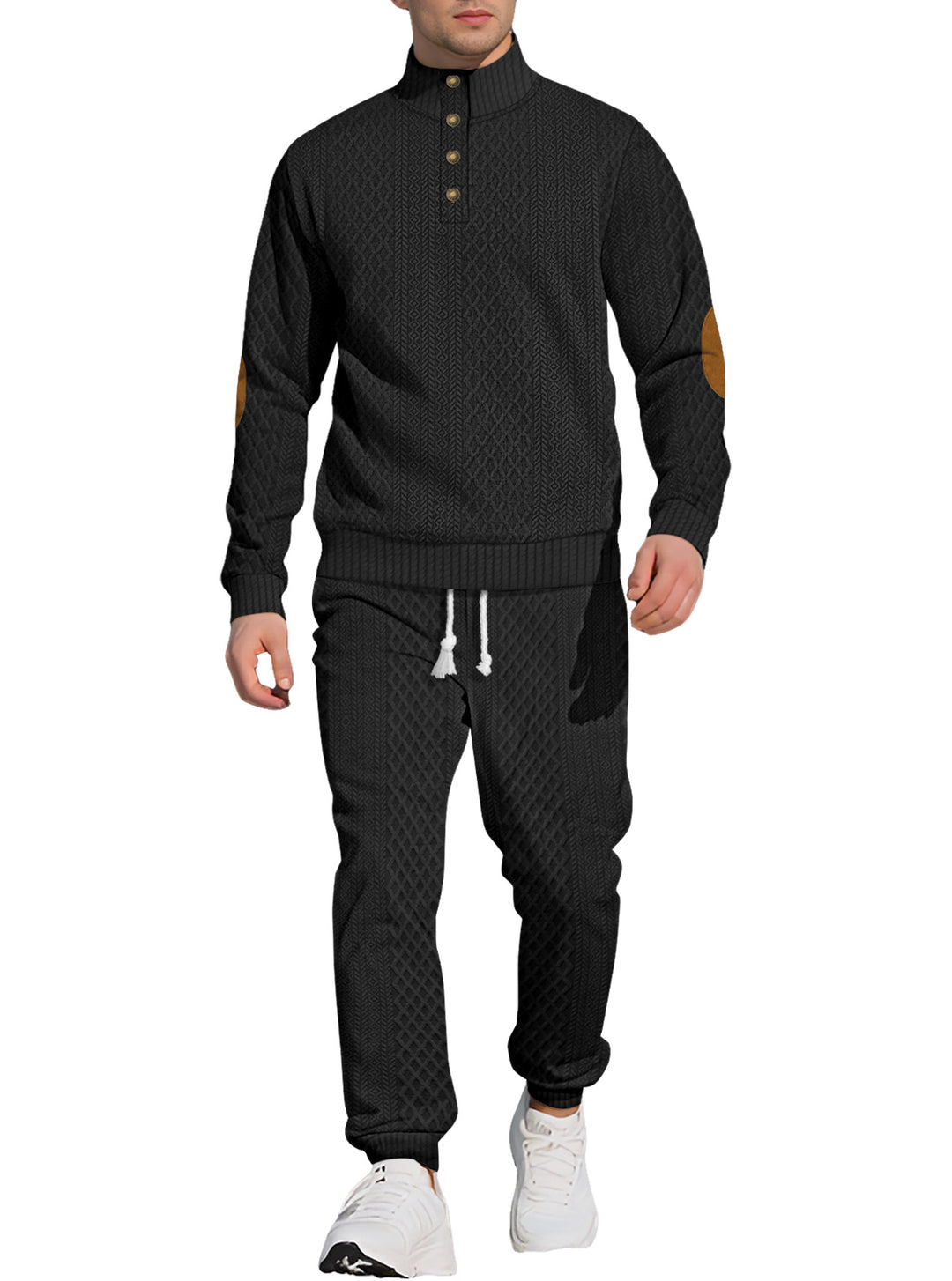 Herren nan strukturiertes Strick-Freizeitset mit Halbknopf-Stehkragen Wildleder-Ellbogenpatches und Kordelbund-Jogger Drune