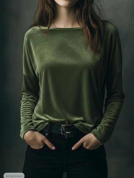 Damen Feines Velours-Langarmshirt mit U-Boot-Ausschnitt und kastiger Silhouette Drune
