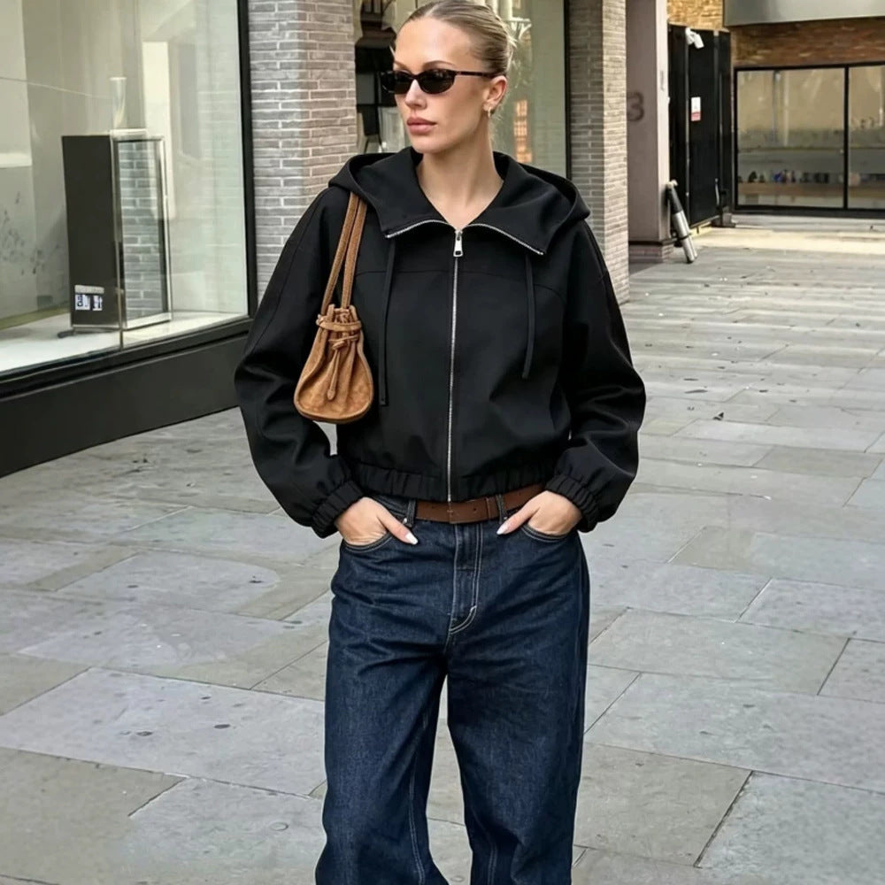 Damen Leichte Kapuzenjacke Cropped mit elastischem Saum Drune