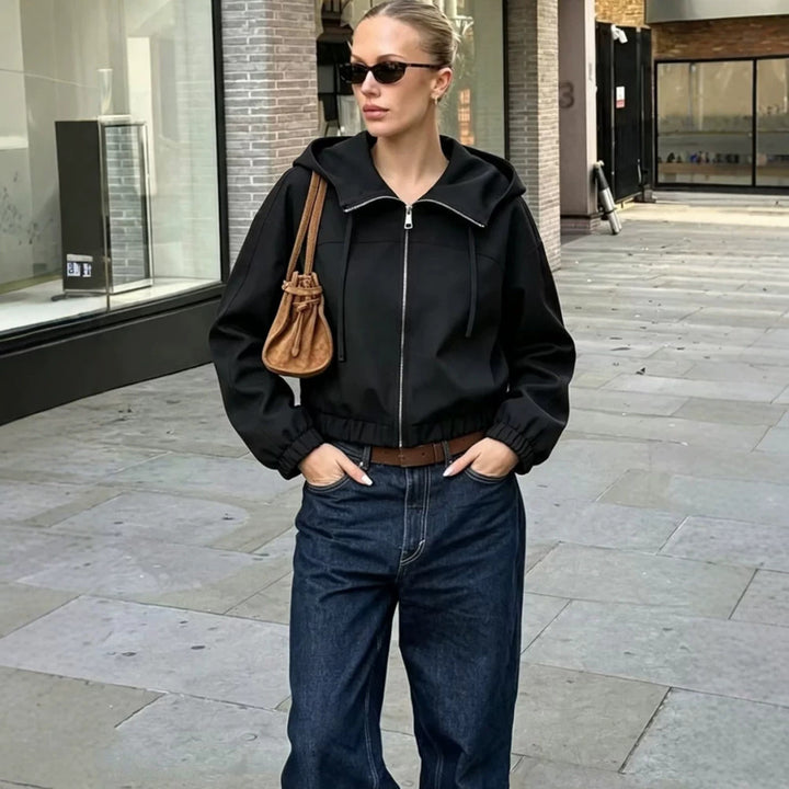 Damen Leichte Kapuzenjacke Cropped mit elastischem Saum Drune