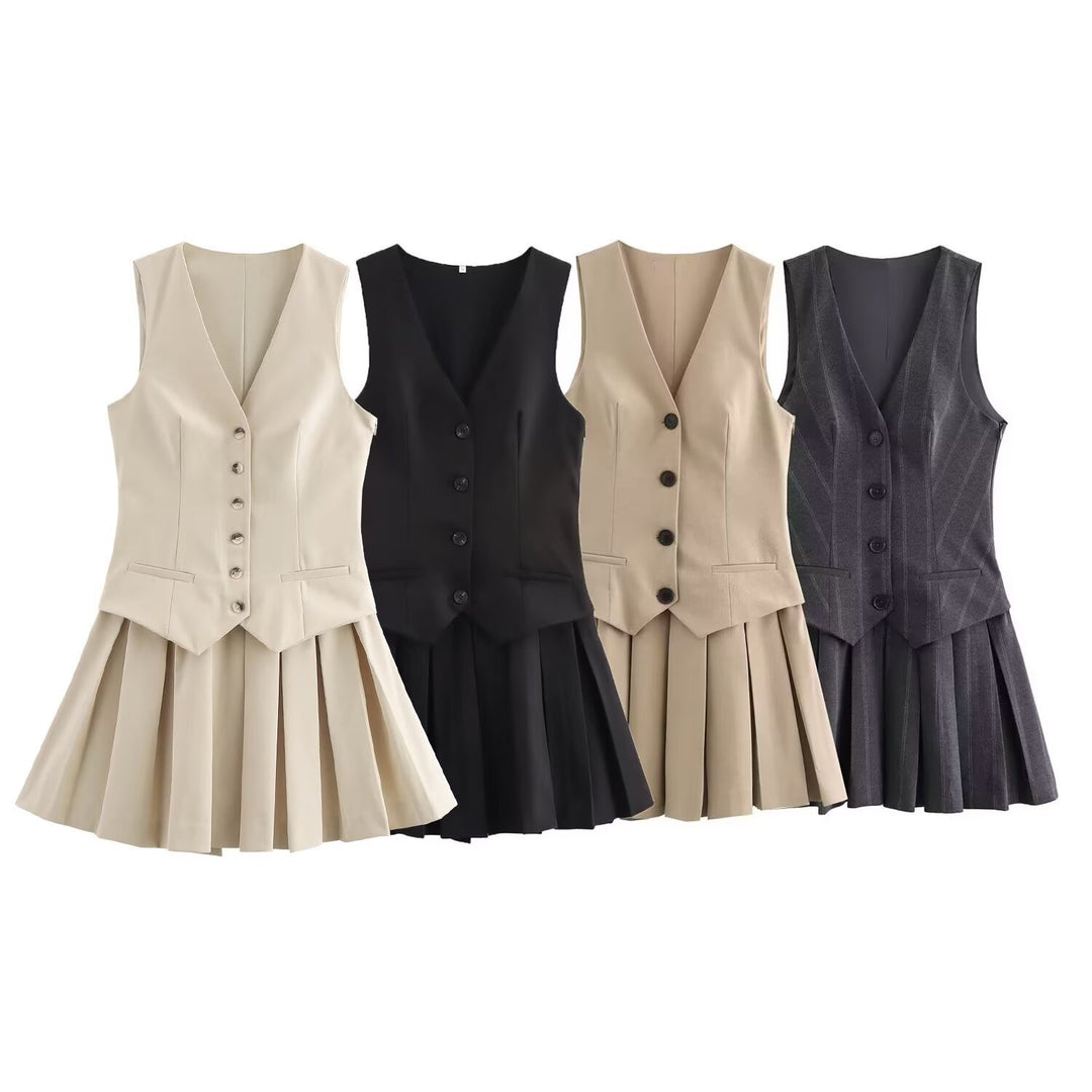 Damen Plissee-Kleid mit tailliertem Oberteil und Knopfleiste Drune