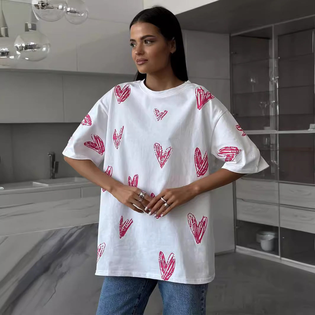 Damen lässiges T-Shirt mit Herzmotiv Drune