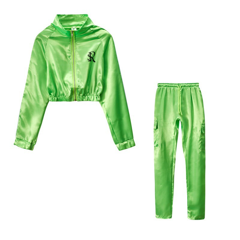 Damen Sportliches Trainingsanzug-Set mit cropped Jacke und Jogginghose Drune