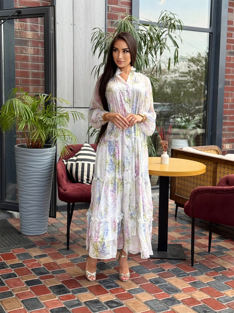 Damen Langes Chiffon-Stufenmaxikleid mit Volants & zarten Blumen-Print Drune