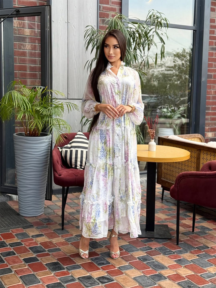 Damen Langes Chiffon-Stufenmaxikleid mit Volants & zarten Blumen-Print Drune