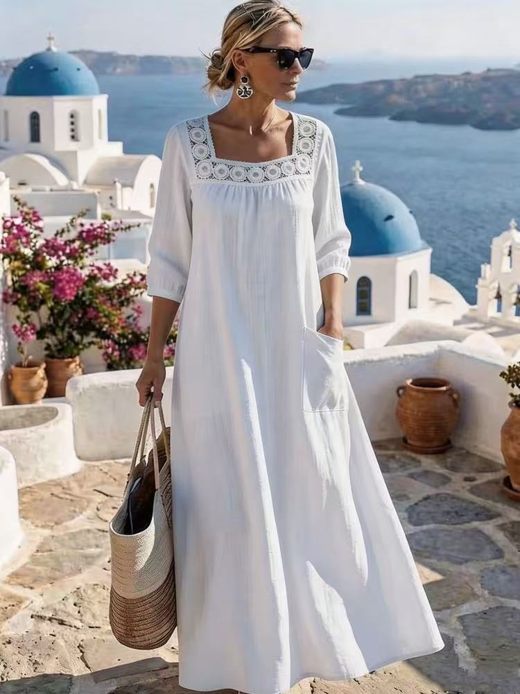 Damen Maxikleid mit gehäkeltem Quadrat-Ausschnitt, dreiviertel Ärmeln und Eingrifftasche Drune