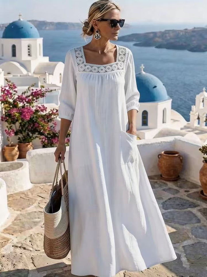 Damen Maxikleid mit gehäkeltem Quadrat-Ausschnitt, dreiviertel Ärmeln und Eingrifftasche Drune