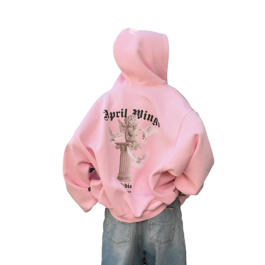 Damen oversized Kapuzenpullover mit Engels-Print und kunstvollem Rückendruck Drune