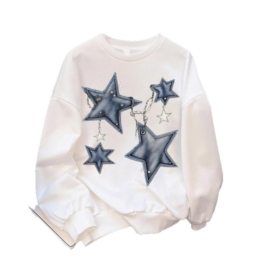 Damen nan lässiges Oversize-Sweatshirt mit gestickten Stern-Applikationen in Jeans-Optik und geripptem Saum Drune