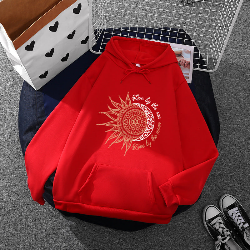 Damen nan Kapuzenpullover mit Sonn-und-Mond-Mandala, Kängurutasche und angerautem Fleece Drune