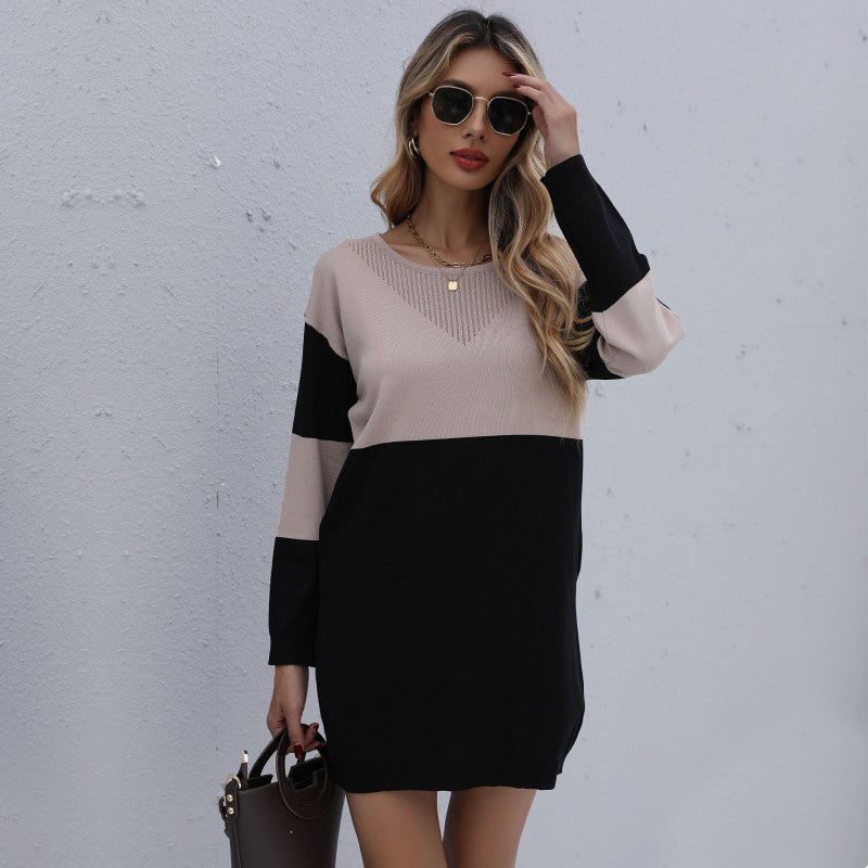 Damen Feinstrick-Minikleid mit Colorblock-Design, V‑Ajour-Ausschnitt und geripptem Saum Drune