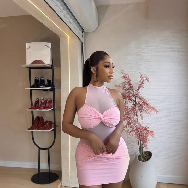Damen Sexy Minikleid mit transparenten Einsätzen und elegantem Wickeldetail Drune