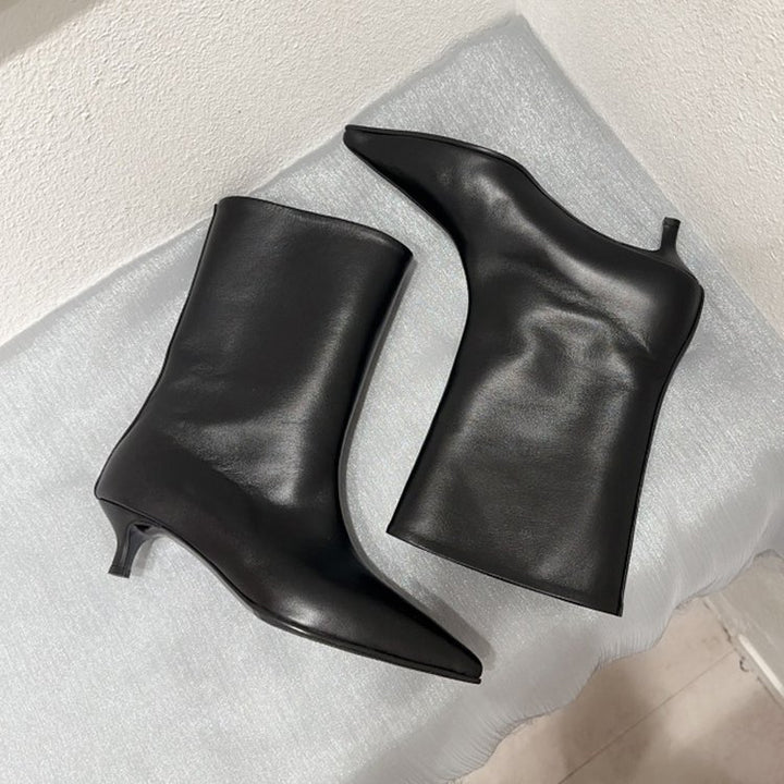 Damen Wadenhohe schlanke Stiefeletten mit spitzer Zehenpartie und niedrigem Kitten‑Absatz Drune