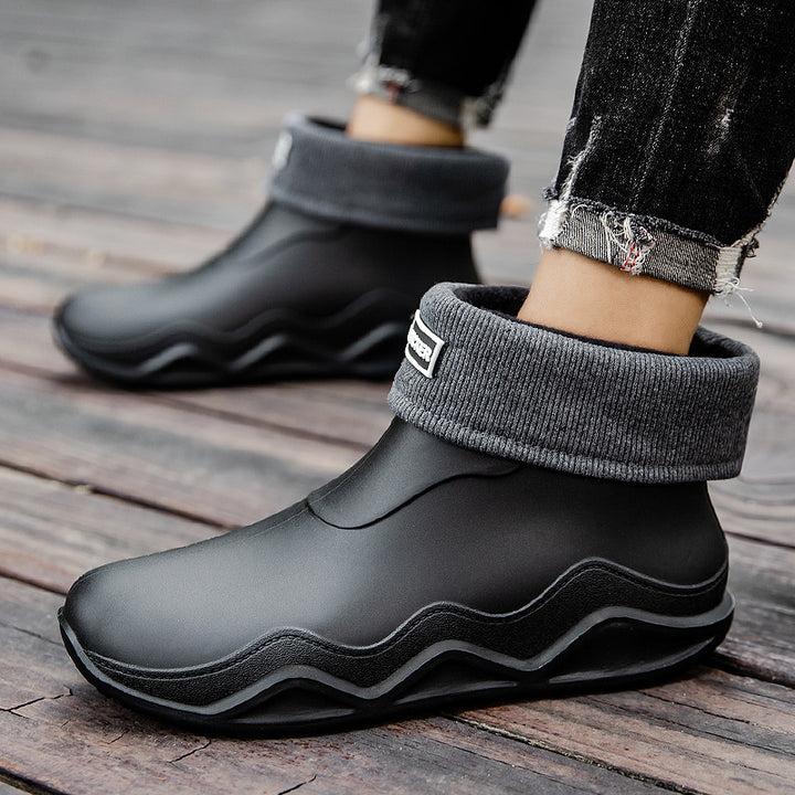 Damen Wasserdichte Slip-On Ankle‑Gummistiefelette mit umgeschlagenem Strickkragen Drune
