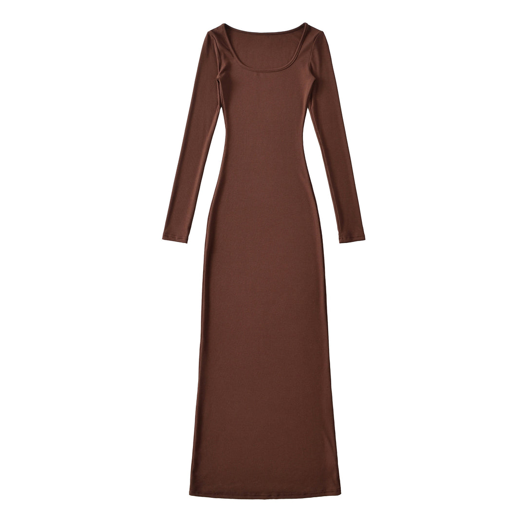 Damen Figurnahes geripptes Midikleid mit weitem Rundhalsausschnitt und langen Ärmeln Drune