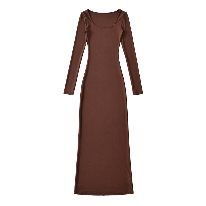 Damen Figurnahes geripptes Midikleid mit weitem Rundhalsausschnitt und langen Ärmeln Drune