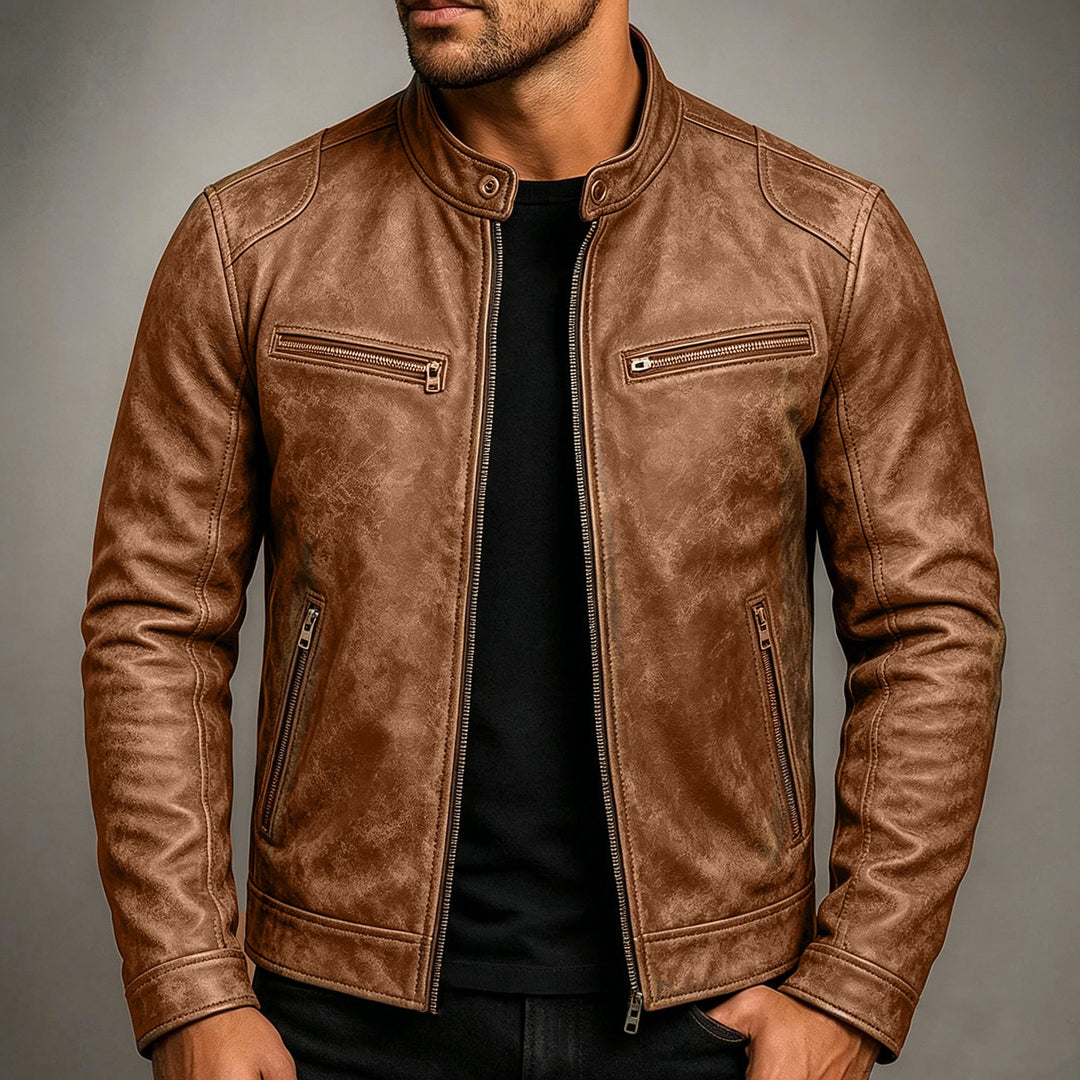 Herren Lederjacke im Vintage-Suede-Look mit Stehkragen und Reißverschlusstaschen Drune