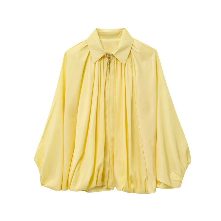 Damen nan weit geschnittene Cape-Bluse mit durchgehendem Reißverschluss, balloniertem Saum und gerafften Ärmeln Drune