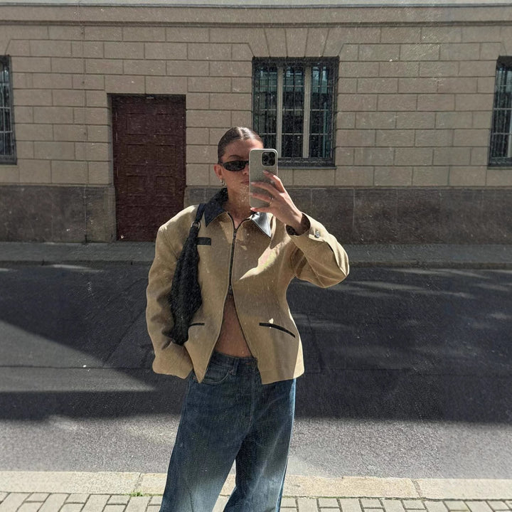 Damen modische Kurzjacke mit kontrastierendem Kragen Drune