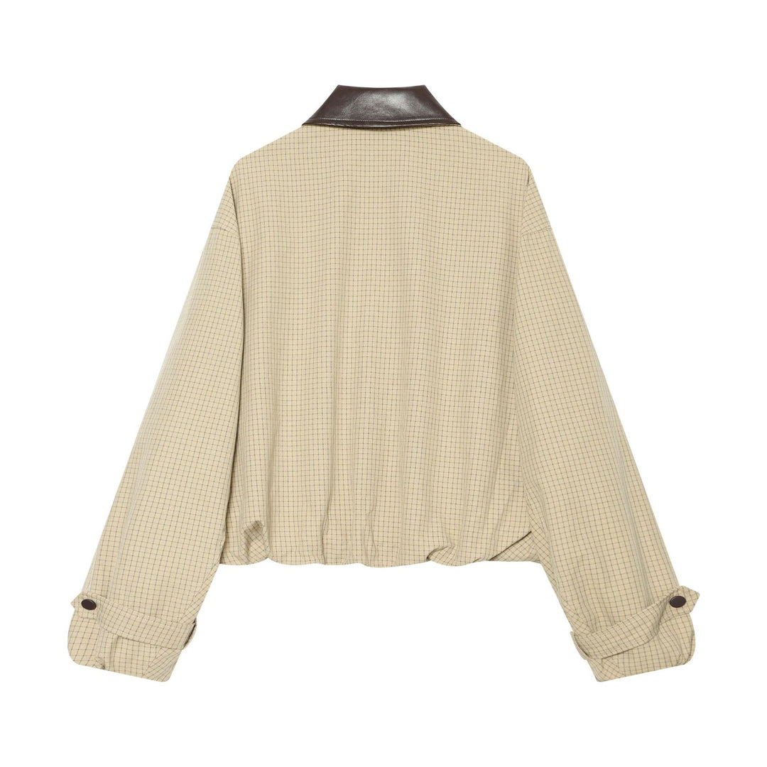 Damen Cropped-Boxy-Übergangsjacke mit Karomuster und kontrastierendem Kunstlederkragen Drune