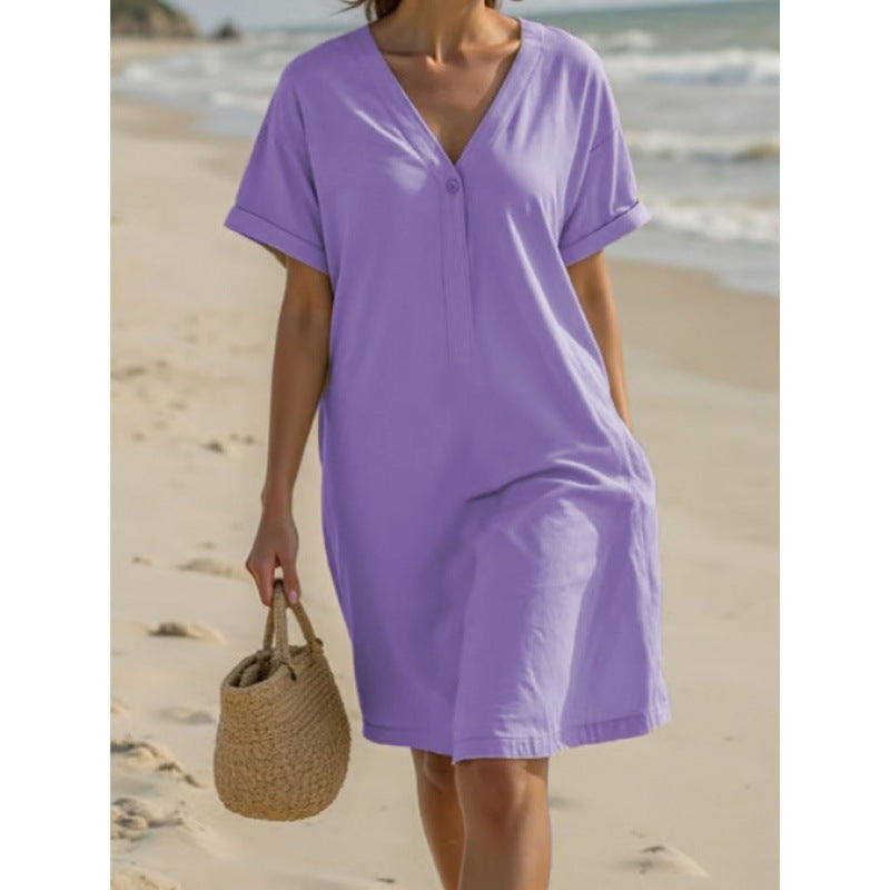 Damen Leichtes Sommerkleid mit umschlagenen Ärmeln und praktischer Knopfleiste Drune