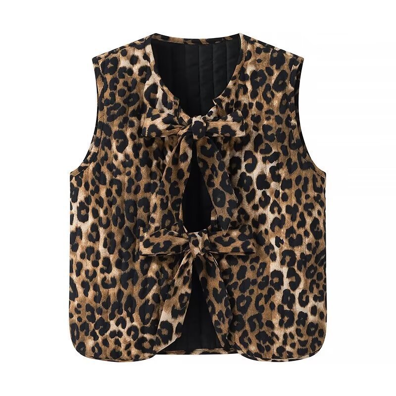 Damen Ärmellose Leoparden-Print-Weste mit Bindeschleifen und strukturierter Oberfläche Drune