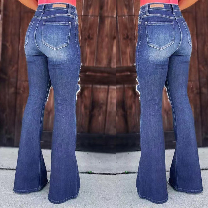Damen Flared Jeans im Destroyed-Look mit hohen Taschen und ausgefranstem Saum Drune