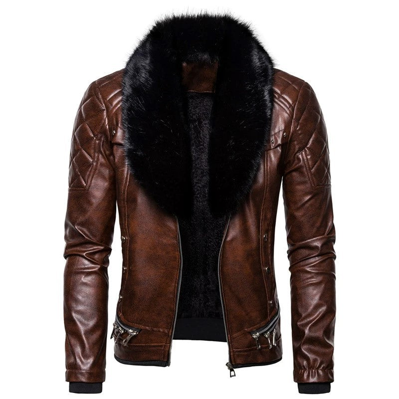 Herren stylische Kunstlederjacke mit Plüschkragen Drune