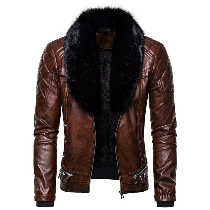 Herren stylische Kunstlederjacke mit Plüschkragen Drune