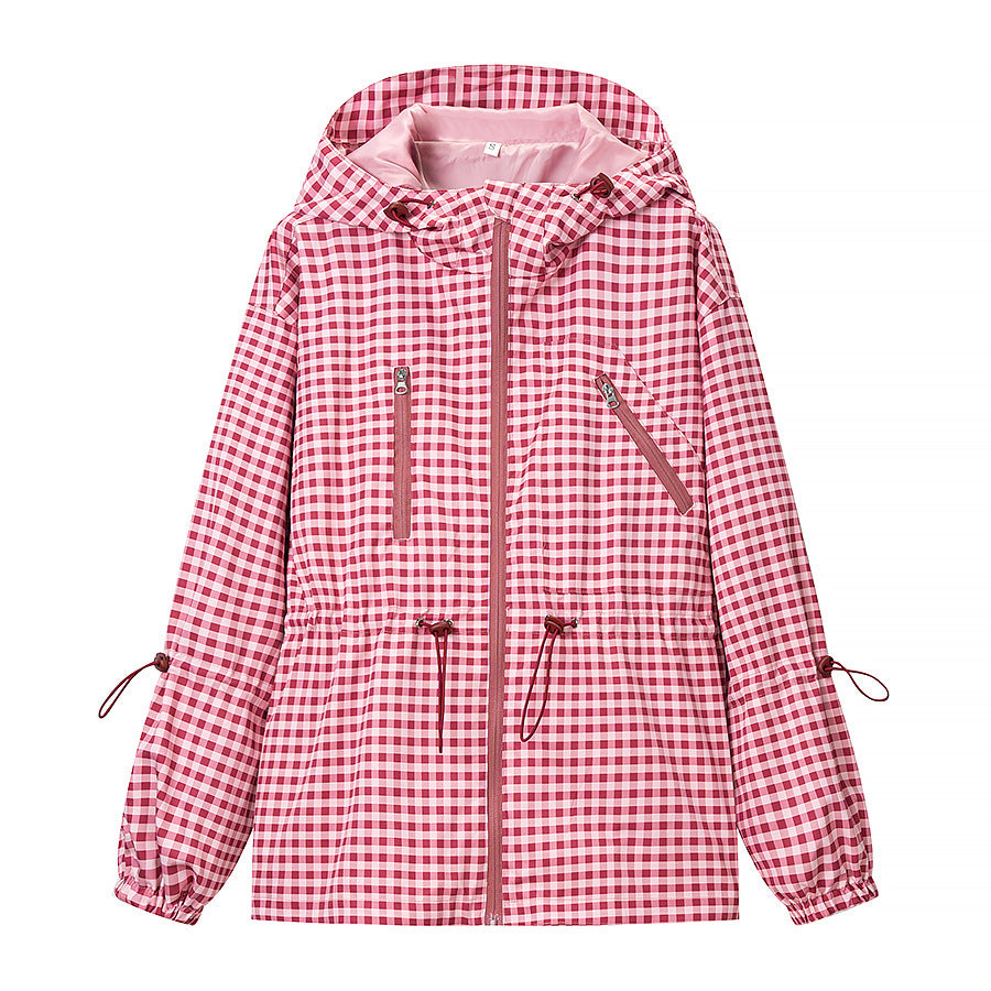 Damen 20+ leichte karierte Kapuzenjacke mit Tunnelzug, Reißverschluss und funktionalen Taschen Drune