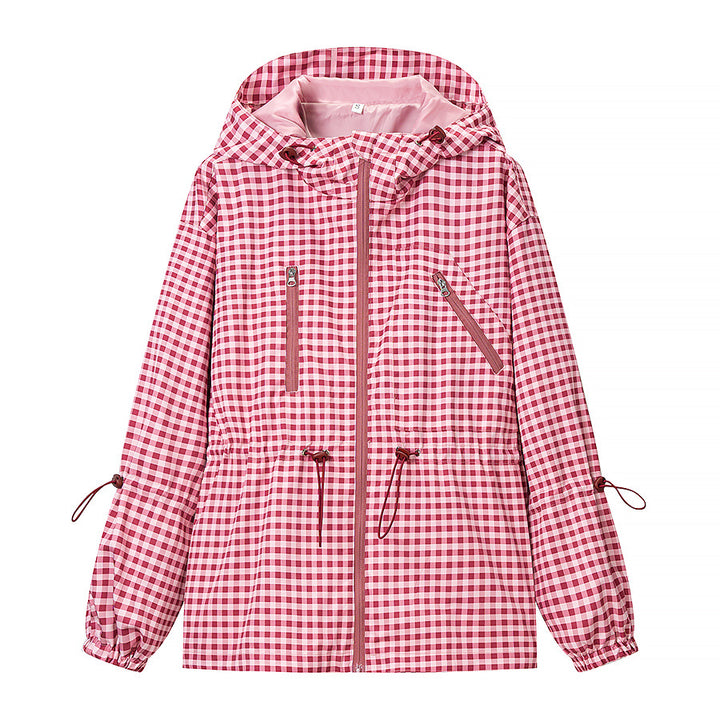 Damen 20+ leichte karierte Kapuzenjacke mit Tunnelzug, Reißverschluss und funktionalen Taschen Drune