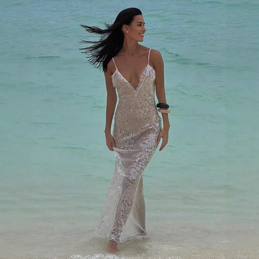 Damen Glitzerndes Strandkleid mit tiefem V-Ausschnitt und schmalen Spaghetti-Trägern Drune