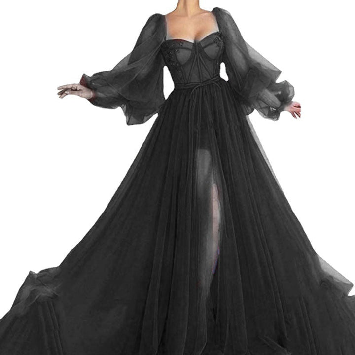 Damen Tüll Abendkleid mit voluminösen Ärmeln und seitlichem Schlitz Drune