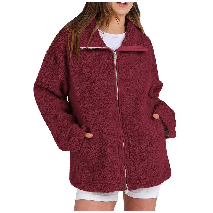 Damen nan oversized Teddyfelljacke mit Stehkragen Reißverschluss und aufgesetzten Taschen Drune