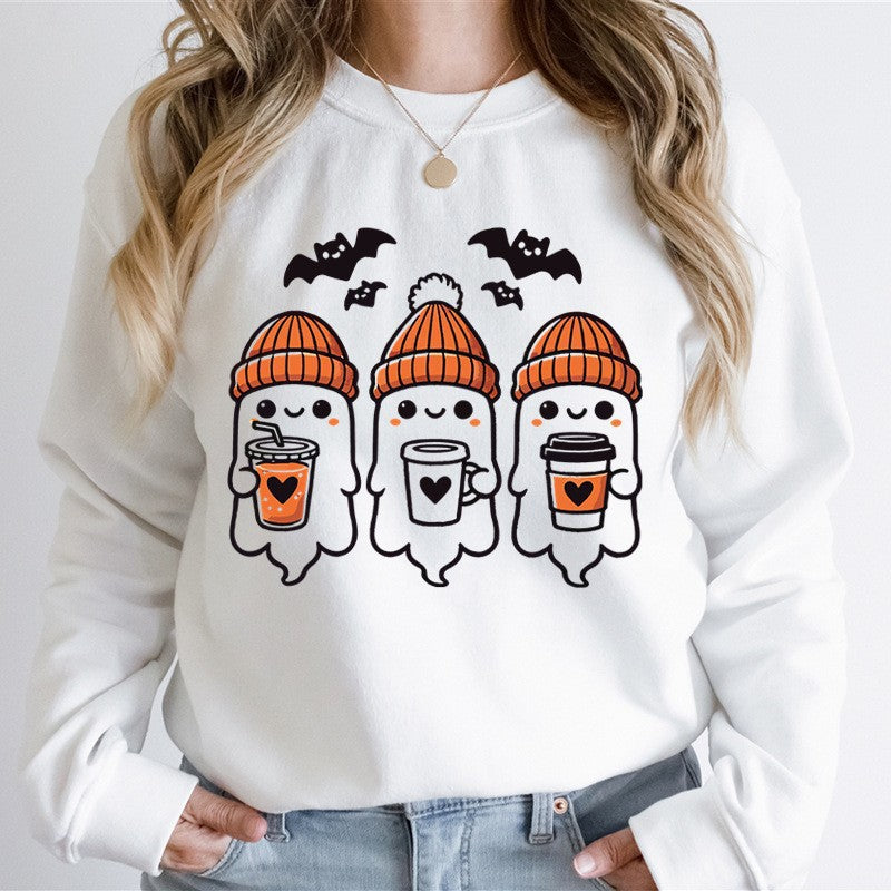Damen nan gemütlicher Halloween Grafikpullover mit niedlichen Geist-Motiven, Rundhalsausschnitt und weichem Baumwollmix Drune