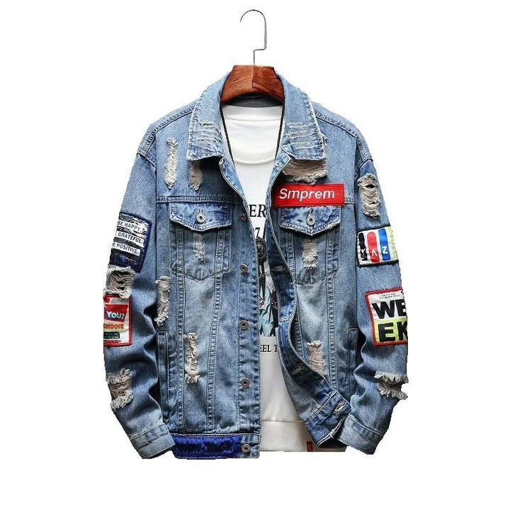 Herren Modische Denimjacke mit kreativen Aufnähern Drune