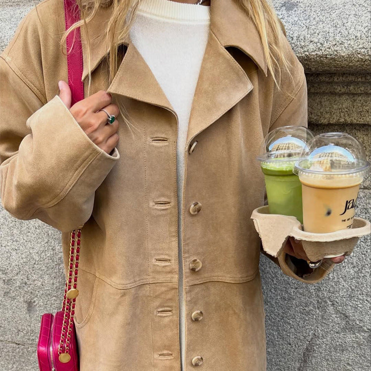 Damen Kurzmantel aus Veloursleder‑Optik mit kastiger Silhouette, Hornknopf‑Front & Eingrifftaschen Drune