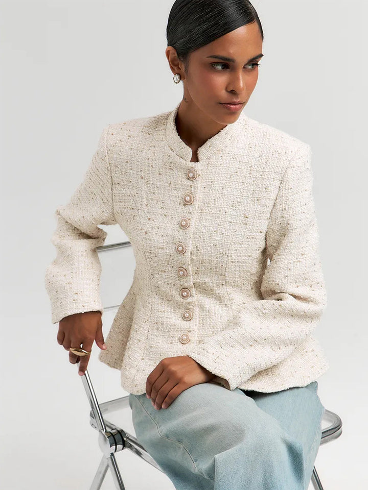 Damen Bouclé-Blazer mit Stehkragen und taillierter Schößchen-Silhouette Drune