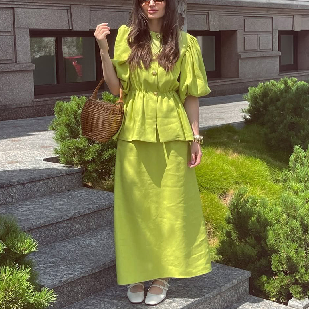 Damen Maxikleid mit voluminösen Puffärmeln und taillierter Blende Drune