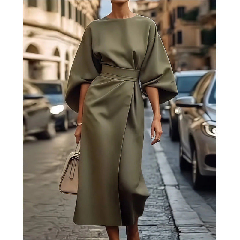 Damen Elegantes Midikleid mit weitem Kimonoärmel und tailliertem Wickelbund Drune