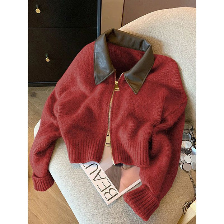 Damen Strickjacke mit Lederkragen Drune