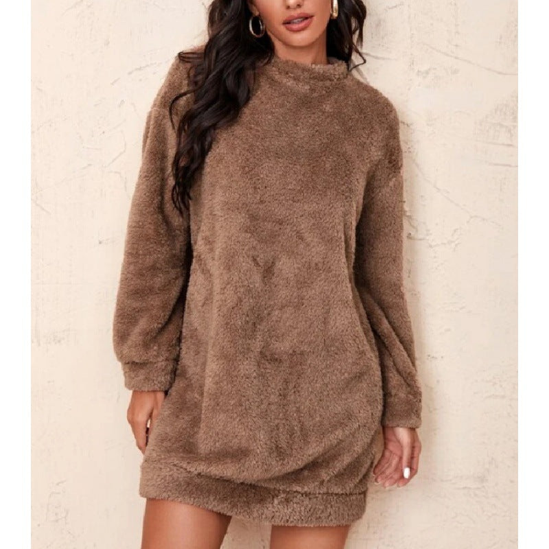 Damen Kuscheliges Fleece-Kleid mit hohem Kragen und voluminösen Ärmeln Drune