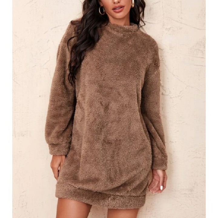 Damen Kuscheliges Fleece-Kleid mit hohem Kragen und voluminösen Ärmeln Drune