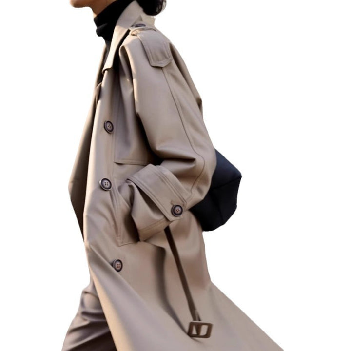 Damen Langer Oversize-Trenchcoat in veganer Lederoptik mit Bindegürtel und breitem Revers Drune