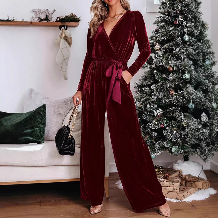 Damen Samt‑Jumpsuit mit Wickel‑V‑Ausschnitt, weitem Bein und Taillengürtel Drune