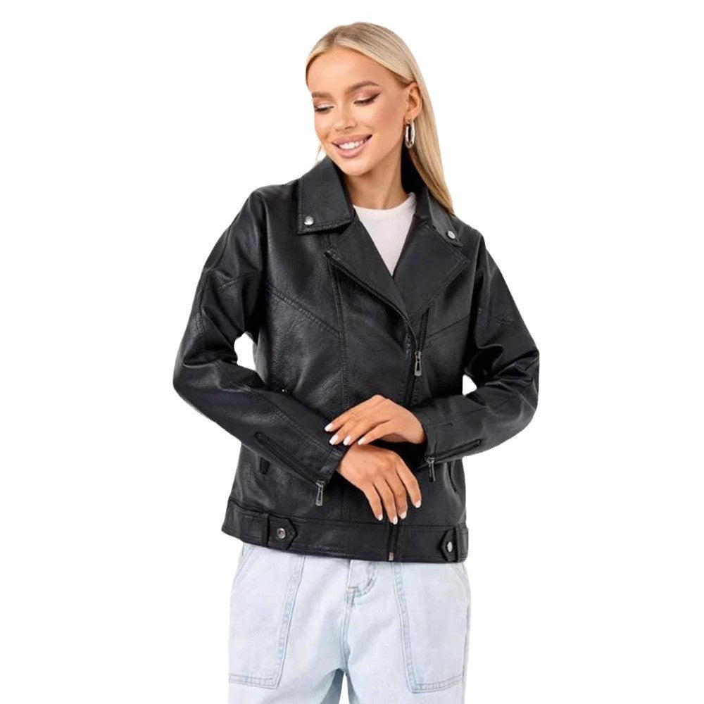 Damen hochwertige Kunstlederjacke im Biker-Stil mit asymmetrischem Reißverschluss Drune