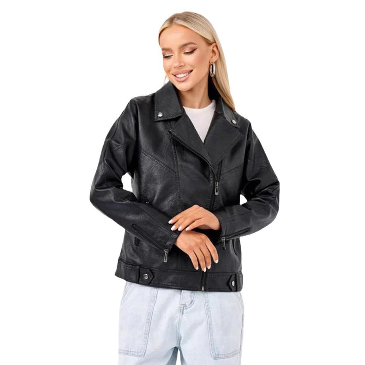 Damen hochwertige Kunstlederjacke im Biker-Stil mit asymmetrischem Reißverschluss Drune