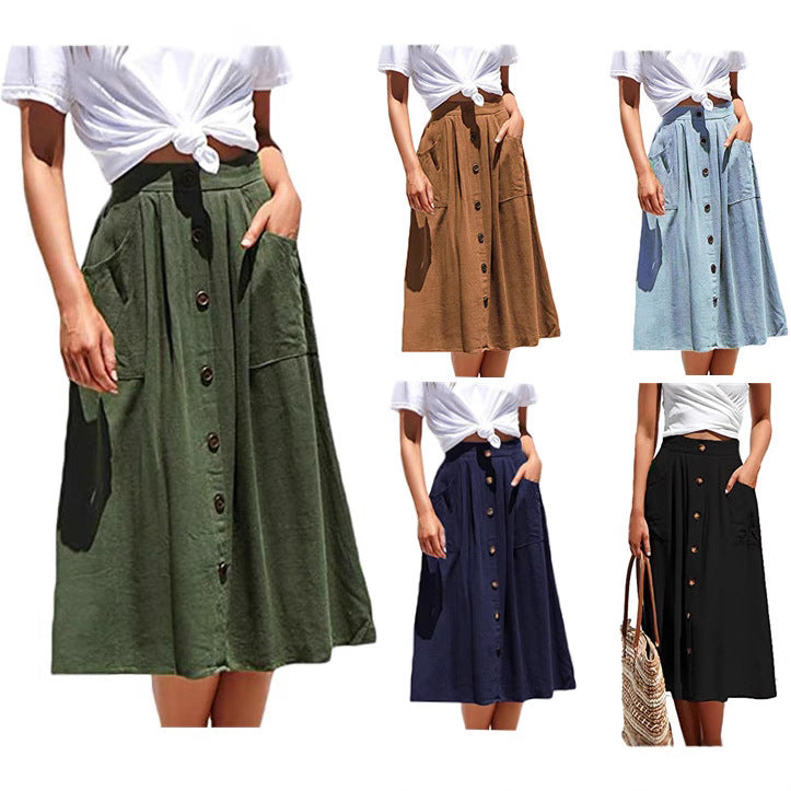Damen Midi-Rock mit Knopfleiste und praktischen Taschen Drune