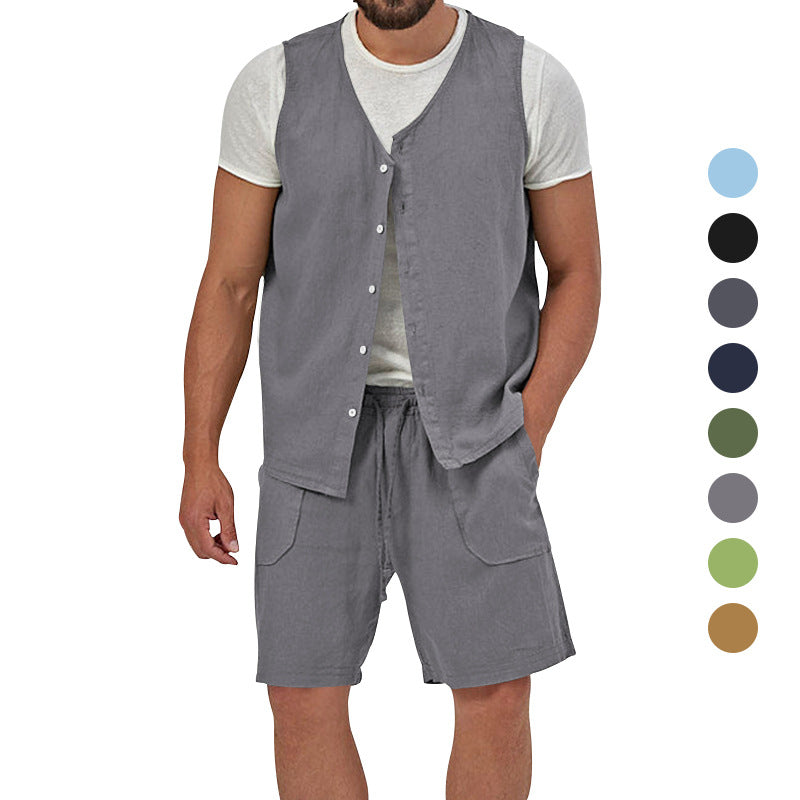 Herren nan zweiteiliges Freizeit-Set mit ärmelloser Knopfweste und weiten Kordelzug-Shorts mit aufgesetzten Taschen Drune