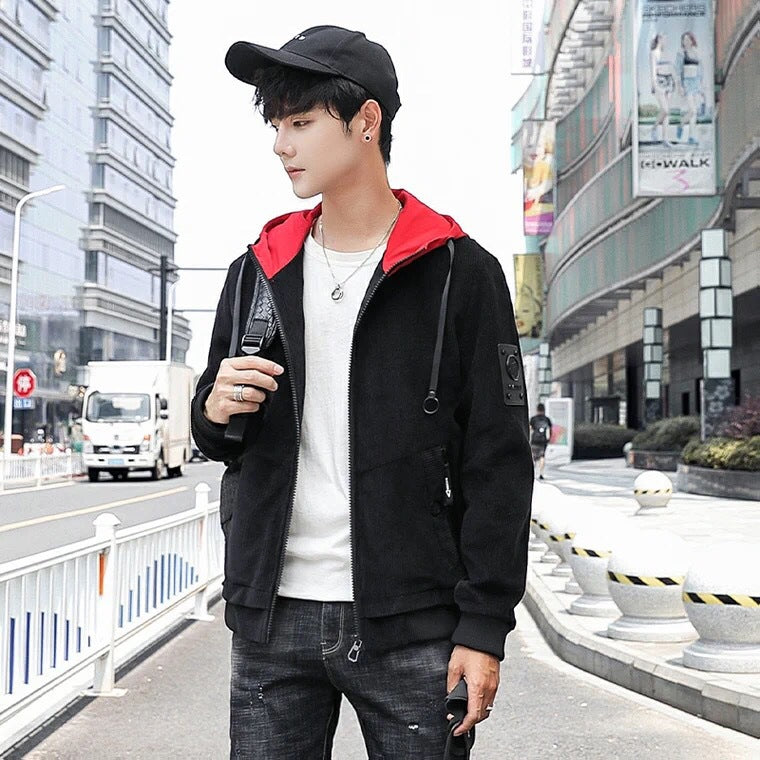 Herren Modische Cordjacke mit abnehmbarer Kapuze Drune